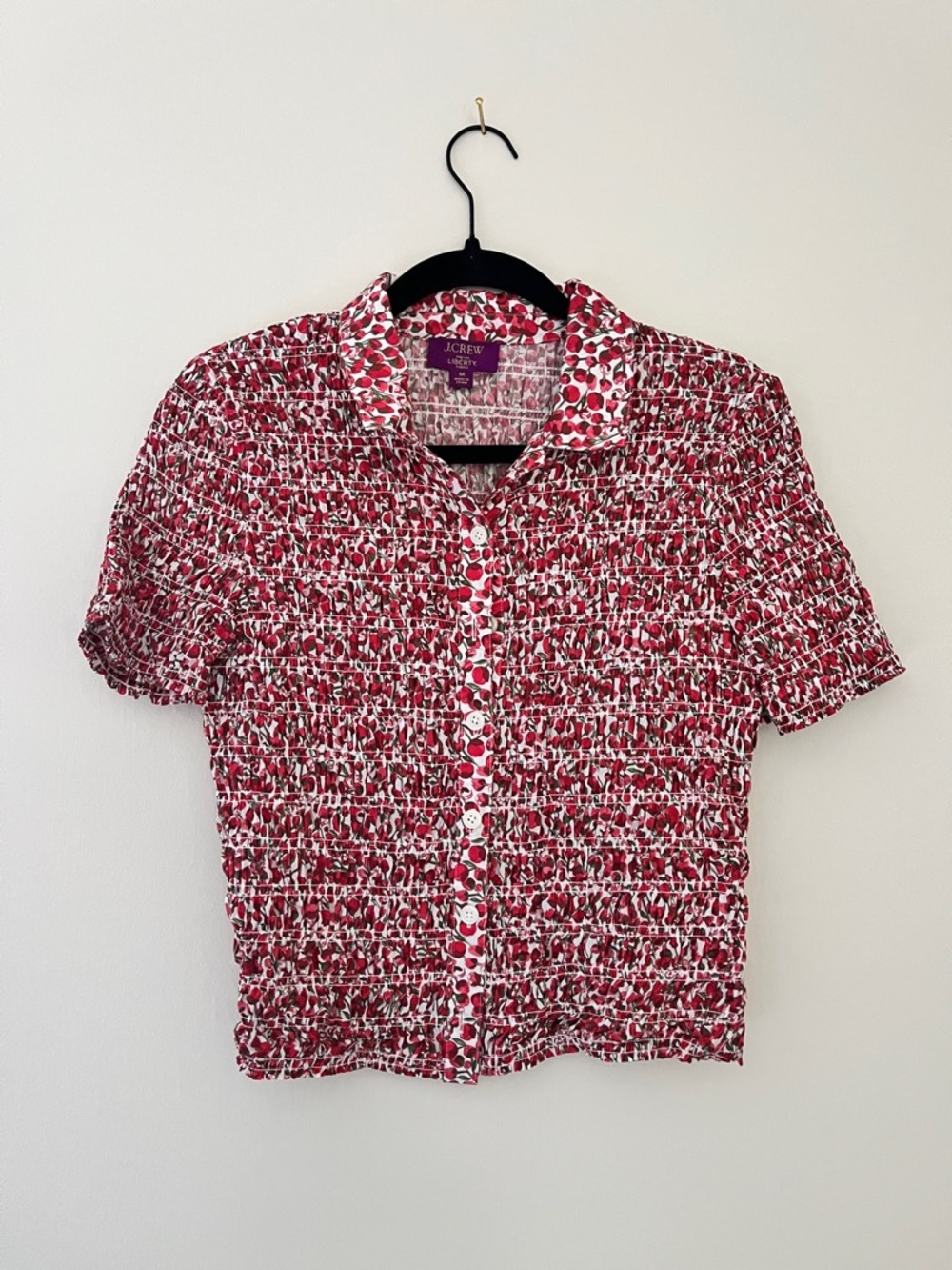 J. Crew Red and White Floral Short-Sleeve Smocked Button-Down Shirt